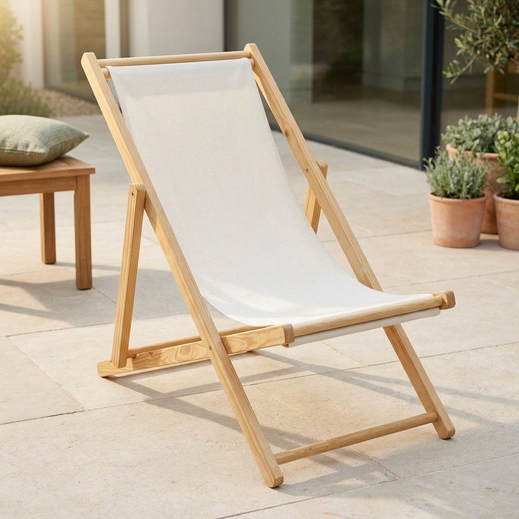 Fauteuil de jardin pliant en bois de pin, assise en toile beige, inclinaison visible