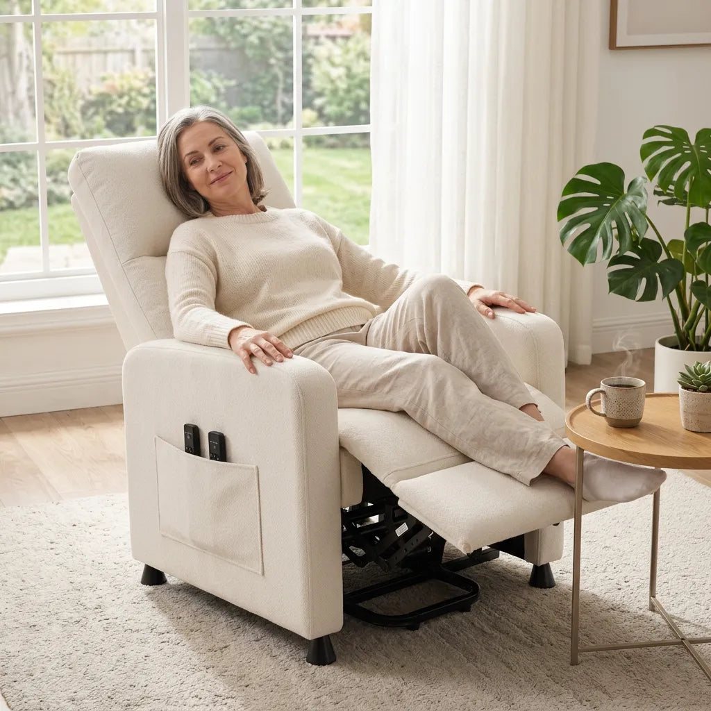 Fauteuil électrique en tissu beige aspect lin, assise inclinable avec panneau de commande