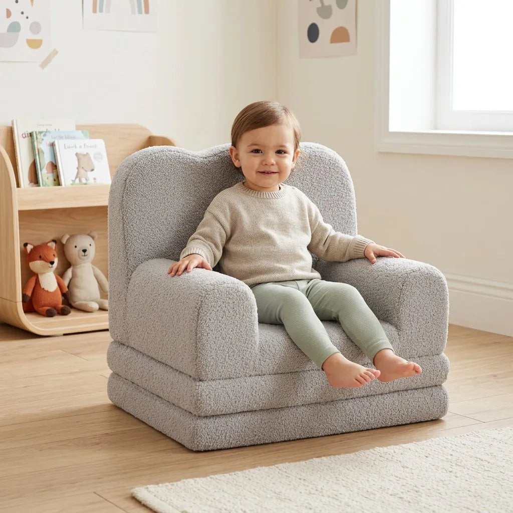 Fauteuil enfant moelleux gris, dossier arrondi et accoudoirs, revêtement texturé pelucheux
