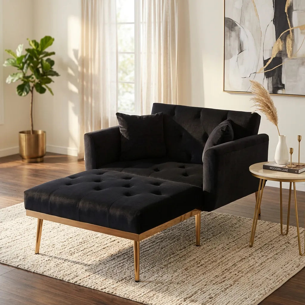 Fauteuil convertible en tissu bleu foncé, dossier capitonné et assise boutonnière, pieds bois.
