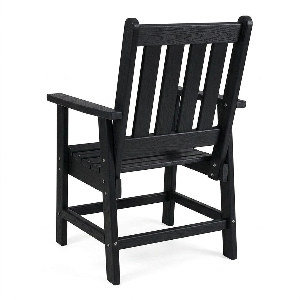Fauteuil de jardin noir aspect bois, dossier et assise à lattes, accoudoirs.