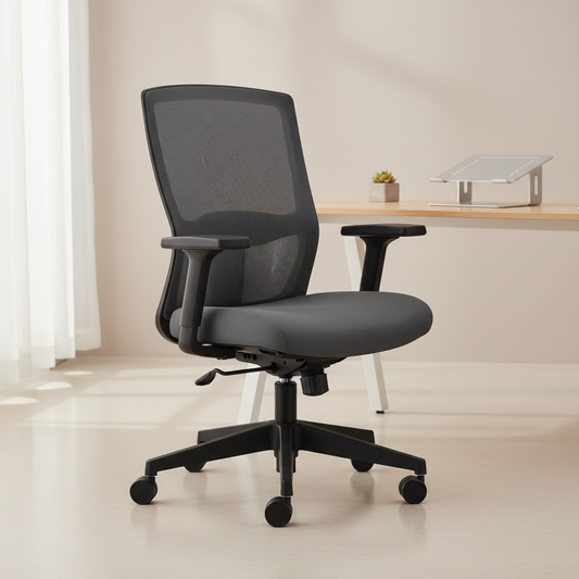 photographie professionnelle en studio dun fauteuil de bureau ergonomique moderne vue de trois quarts tissu mesh gris anthracite avec accoudoirs noirs dans un espace de travail