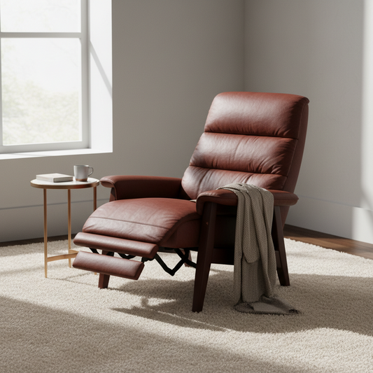 Photographie professionnelle en studio d'un fauteuil relax inclinable en cuir marron chocolat