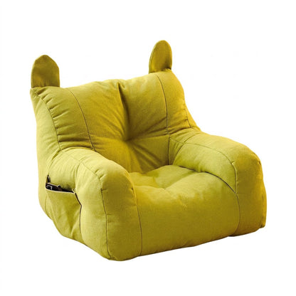 Fauteuil enfant peluche vert, forme ours avec oreilles et accoudoirs rembourrés.