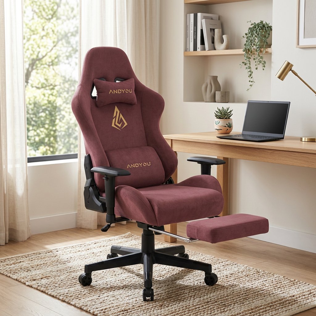 Fauteuil de bureau avec repose-pieds, tissu bordeaux, dossier haut avec coussins.