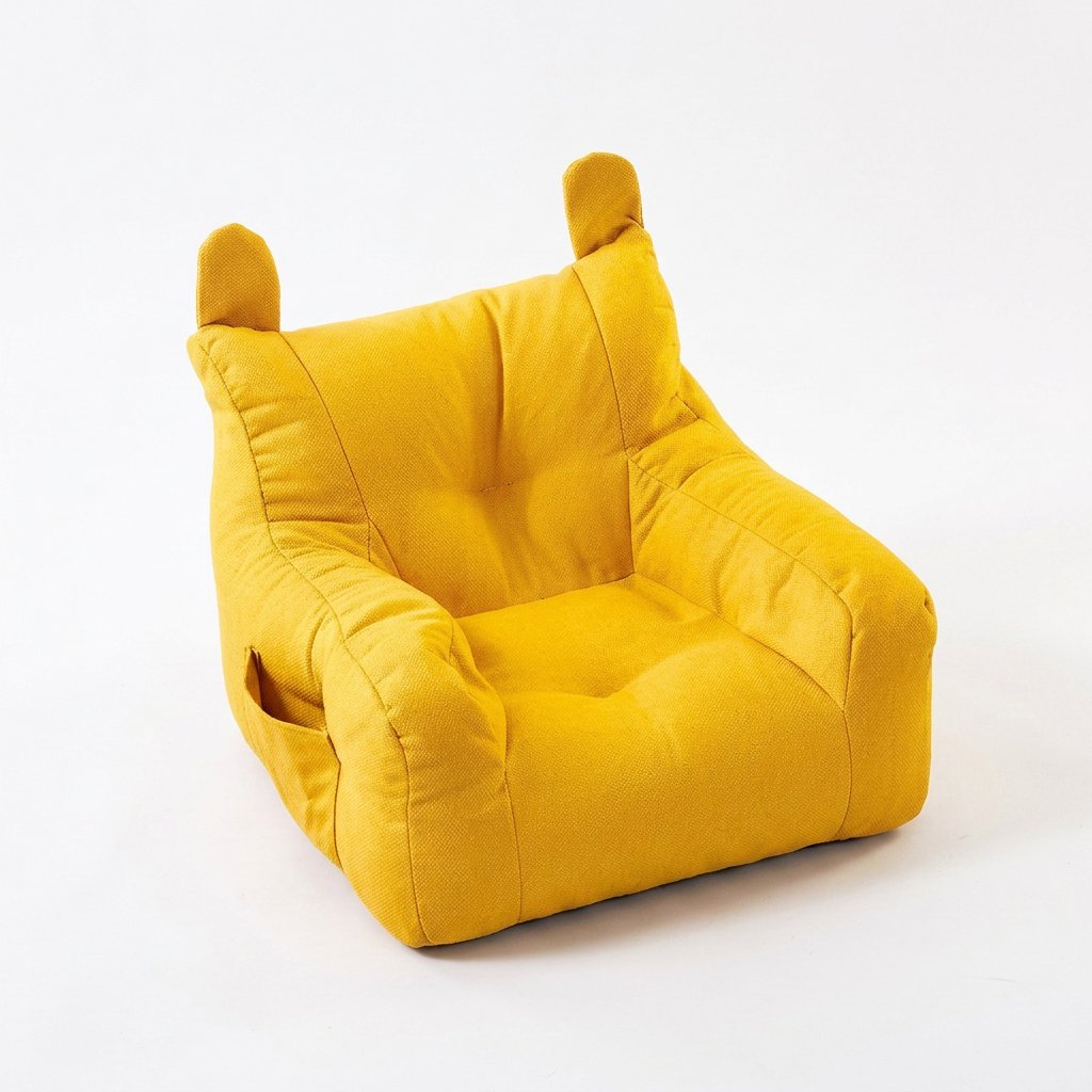 Fauteuil enfant peluche jaune en forme d’ours, assise basse et accoudoirs.
