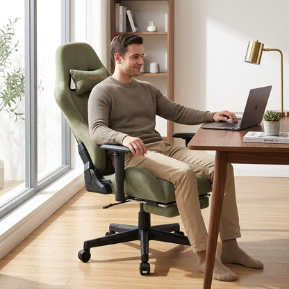 Fauteuil de bureau avec repose-pieds, tissu vert olive, dossier haut et accoudoirs.