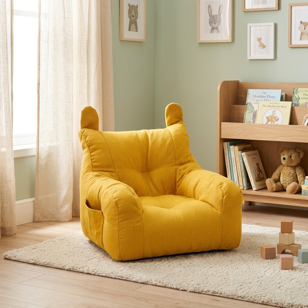 Fauteuil enfant peluche jaune, dossier rembourré en forme d’ours, poche latérale.