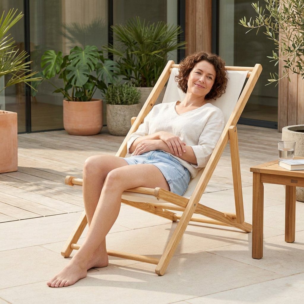 Fauteuil de jardin pliant en bois de pin, dossier inclinable, assise tissu beige