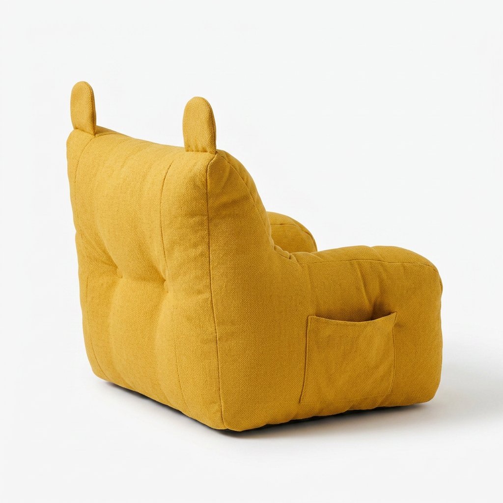 Fauteuil enfant peluche jaune, couchage forme ours avec poche latérale.