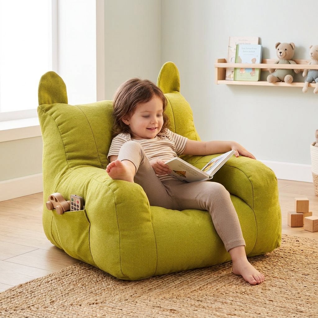 Fauteuil enfant en peluche vert, forme ours avec oreilles et assise moelleuse.