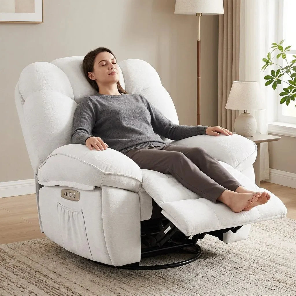 Fauteuil massant blanc à assise pivotante, coussins enveloppants et commande sur accoudoir