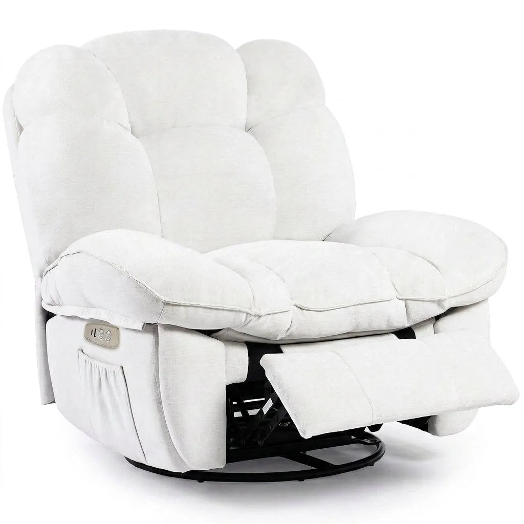 Fauteuil massant blanc, accoudoirs épais et mécanisme de pivot sous l’assise