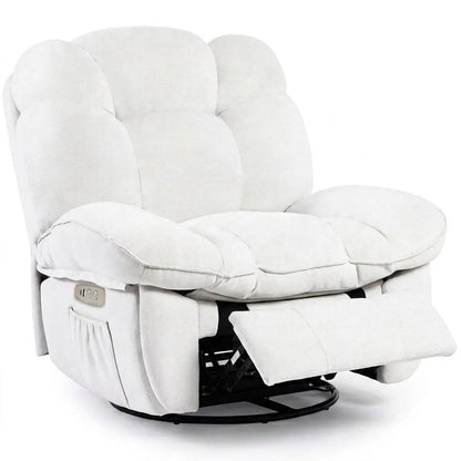 Fauteuil massant blanc, accoudoirs épais et mécanisme de pivot sous l’assise
