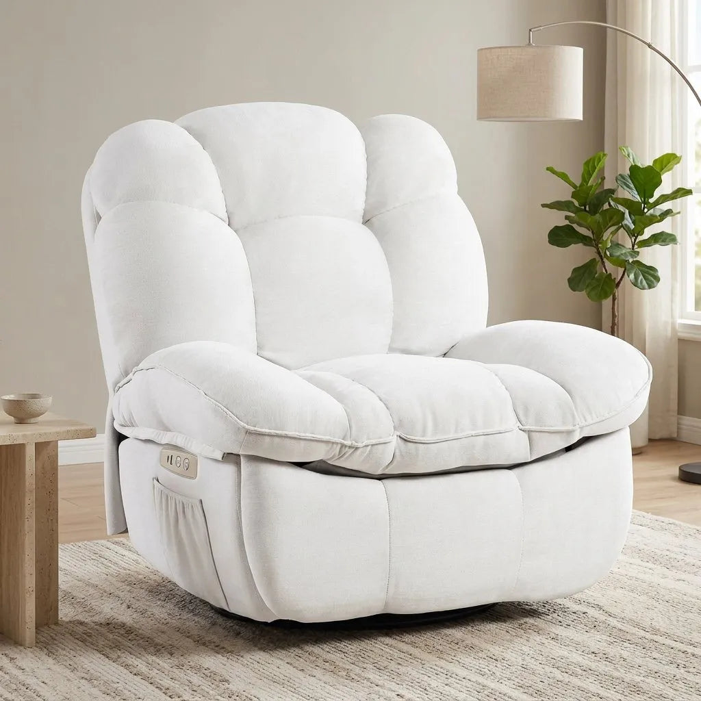 Fauteuil massant blanc à dossier capitonné et assise pivotante, commande latérale