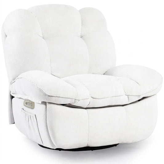 Fauteuil massant blanc, vue rapprochée du dossier capitonné et de l’accoudoir avec commande