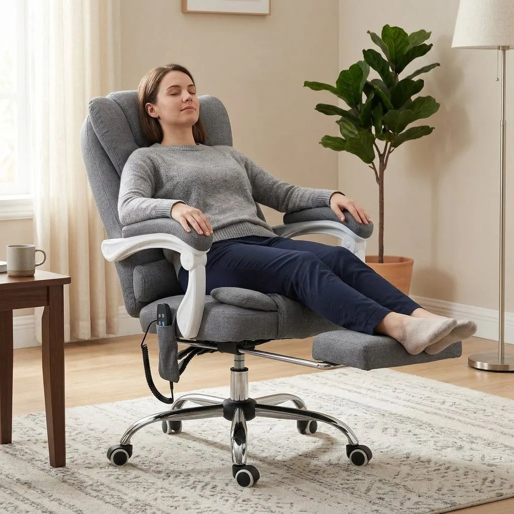 Fauteuil gris en lin, personne allongée avec accoudoirs, roulettes et commande de massage