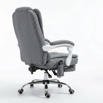 Fauteuil gris en lin, dossier haut et accoudoirs, base à roulettes, commandes de massage