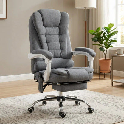 Fauteuil de bureau gris en lin, dossier haut, accoudoirs et repose-pieds, base à roulettes
