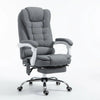 Fauteuil gris en lin, dossier capitonné et accoudoirs larges, base chromée à roulettes