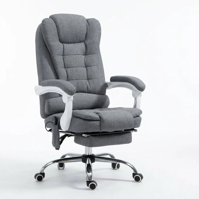 Fauteuil gris en lin, dossier capitonné et accoudoirs larges, base chromée à roulettes