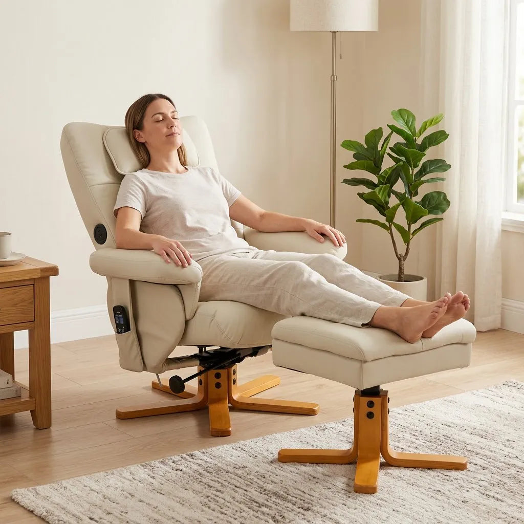 Fauteuil massant inclinable beige avec repose-pieds, personne assise