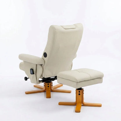 Fauteuil massant inclinable beige, dossier haut et repose-pieds, base en bois