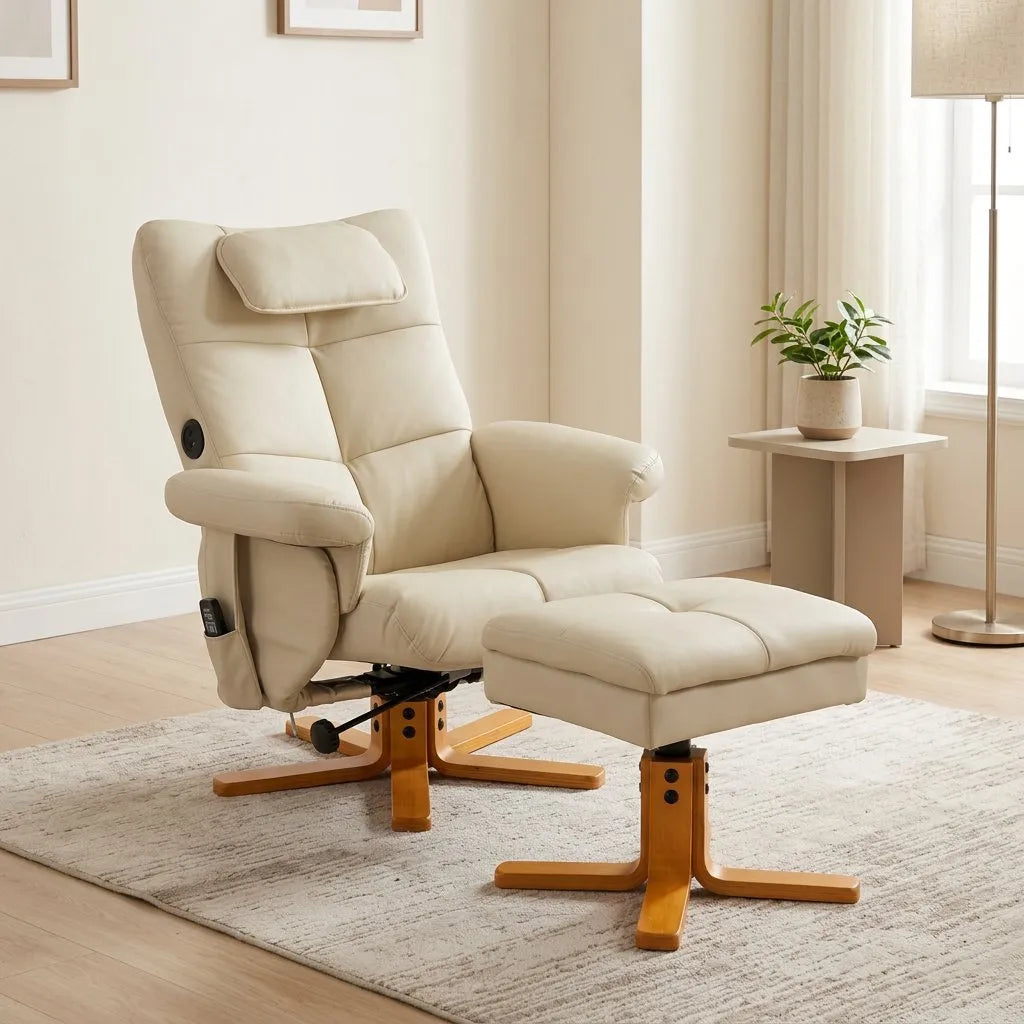 Fauteuil massant inclinable beige avec repose-pieds, accoudoirs et base en bois
