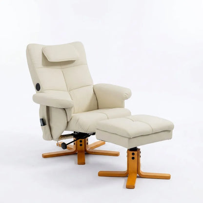 Fauteuil massant inclinable beige, repose-pieds, base en bois et roulettes