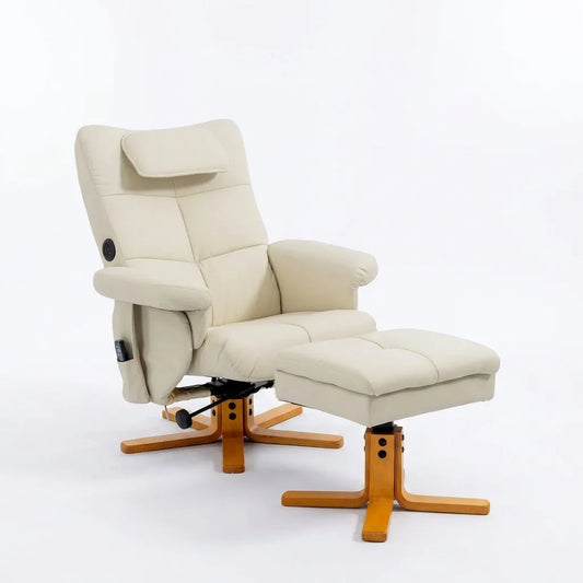 Fauteuil massant inclinable beige, repose-pieds, base en bois et roulettes