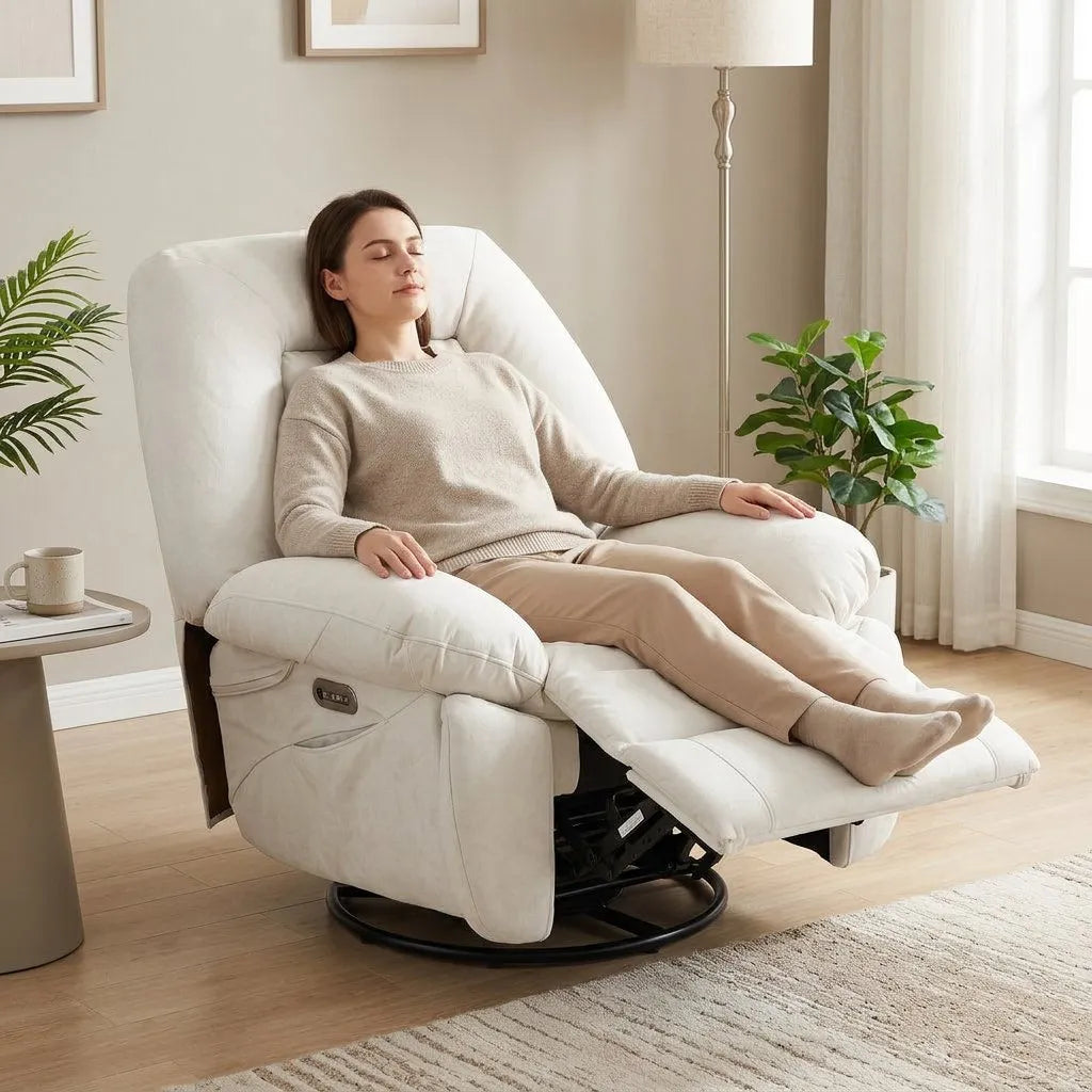 Fauteuil inclinable massant en tissu beige clair, repose-pieds et base pivotante noire