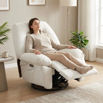 Fauteuil inclinable massant en tissu beige clair, repose-pieds et base pivotante noire