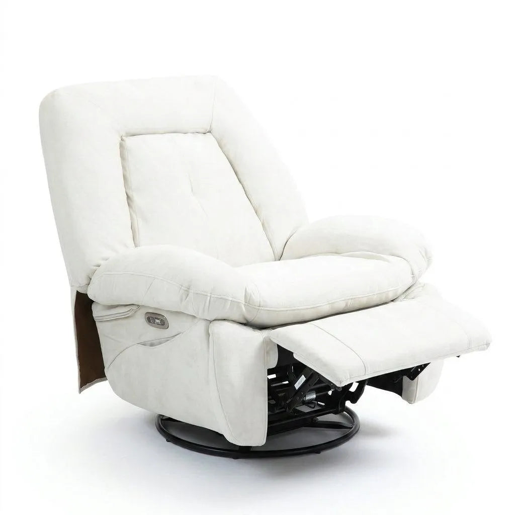 Fauteuil massant inclinable blanc cassé, accoudoirs rembourrés et mécanisme visible