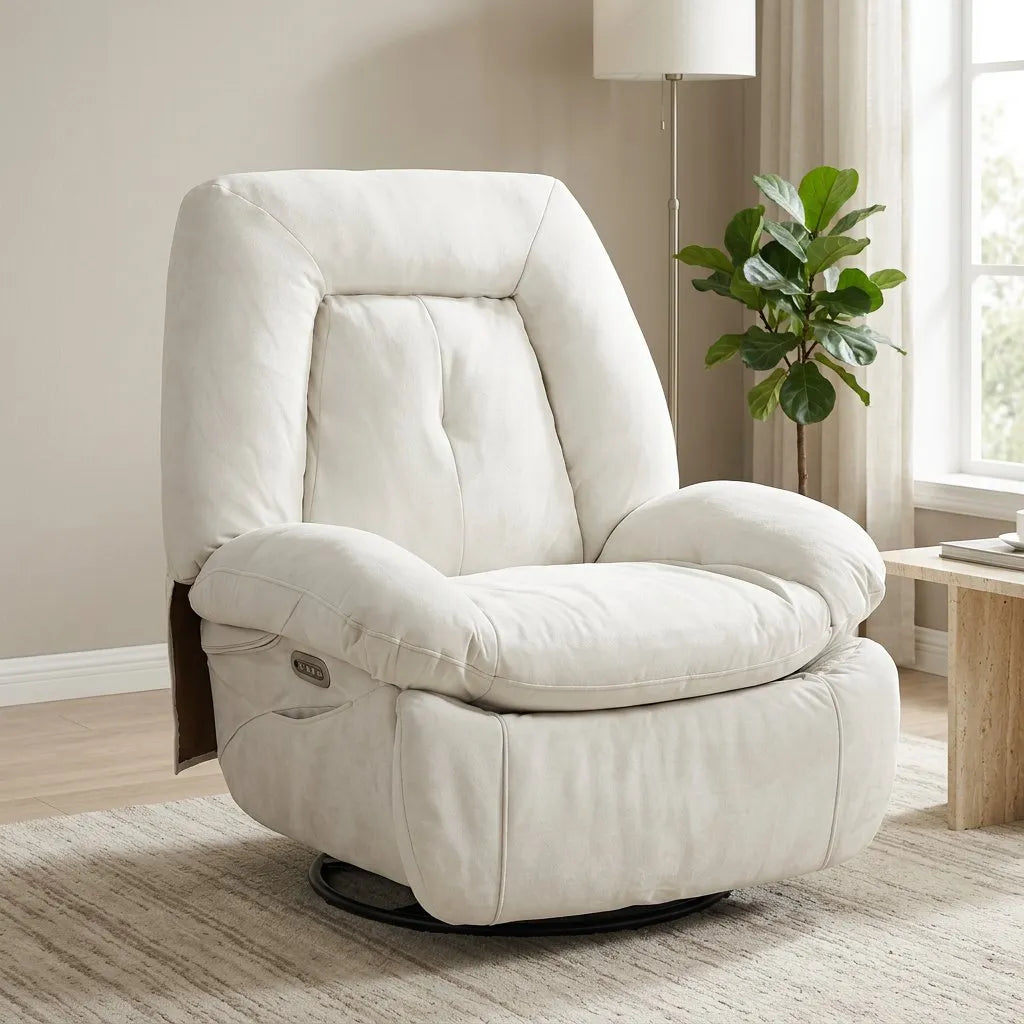 Fauteuil massant inclinable blanc cassé, dossier haut et repose-pieds déplié