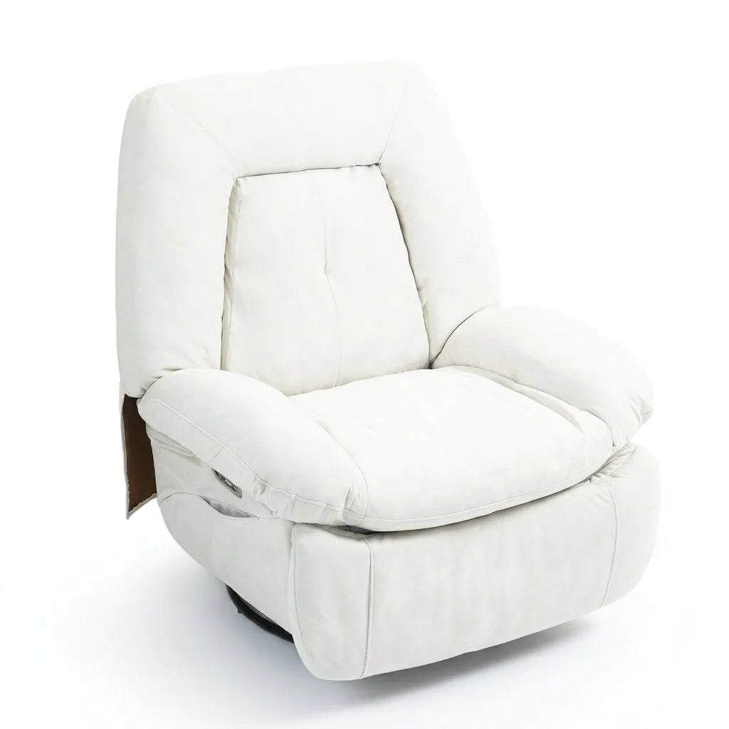 Fauteuil massant inclinable blanc cassé, assise et dossier rembourrés, angle trois-quarts