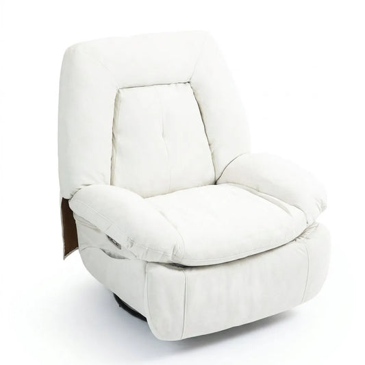 Fauteuil massant inclinable blanc cassé, assise et dossier rembourrés, angle trois-quarts