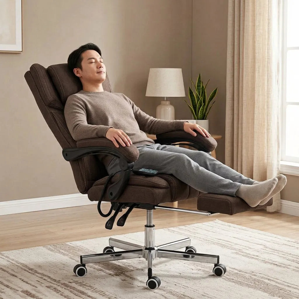Fauteuil massant marron incliné, assise rembourrée, base chromée à roulettes