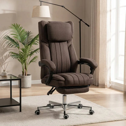 Fauteuil massant marron, coussins capitonnés, repose-pieds et base à roulettes