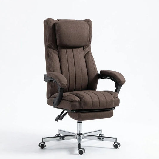 Fauteuil massant marron avec dossier rembourré, assise capitonnée et repose-pieds