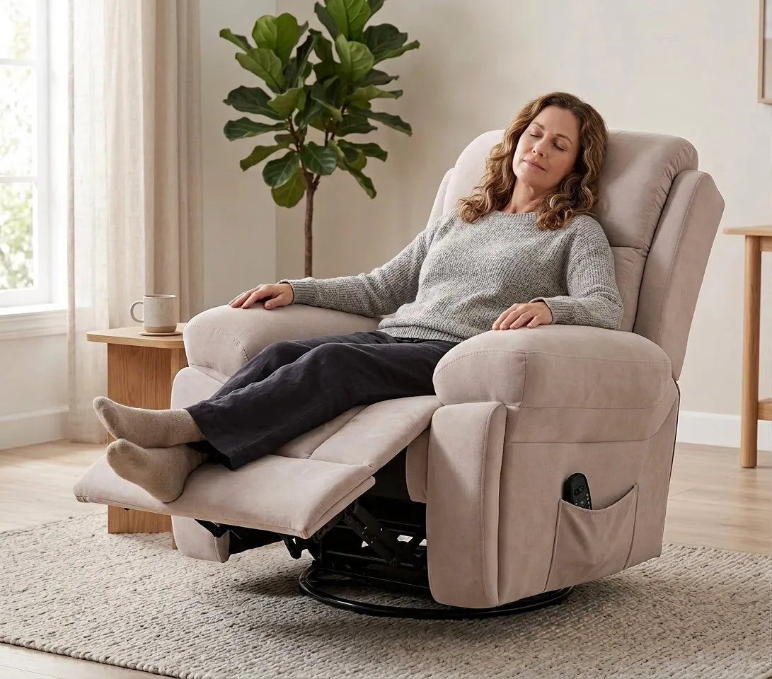 Fauteuil releveur inclinable en tissu beige clair, dossier et repose-pieds déployés