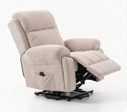 Fauteuil releveur inclinable en tissu beige clair, vue latérale avec repose-pieds ouvert