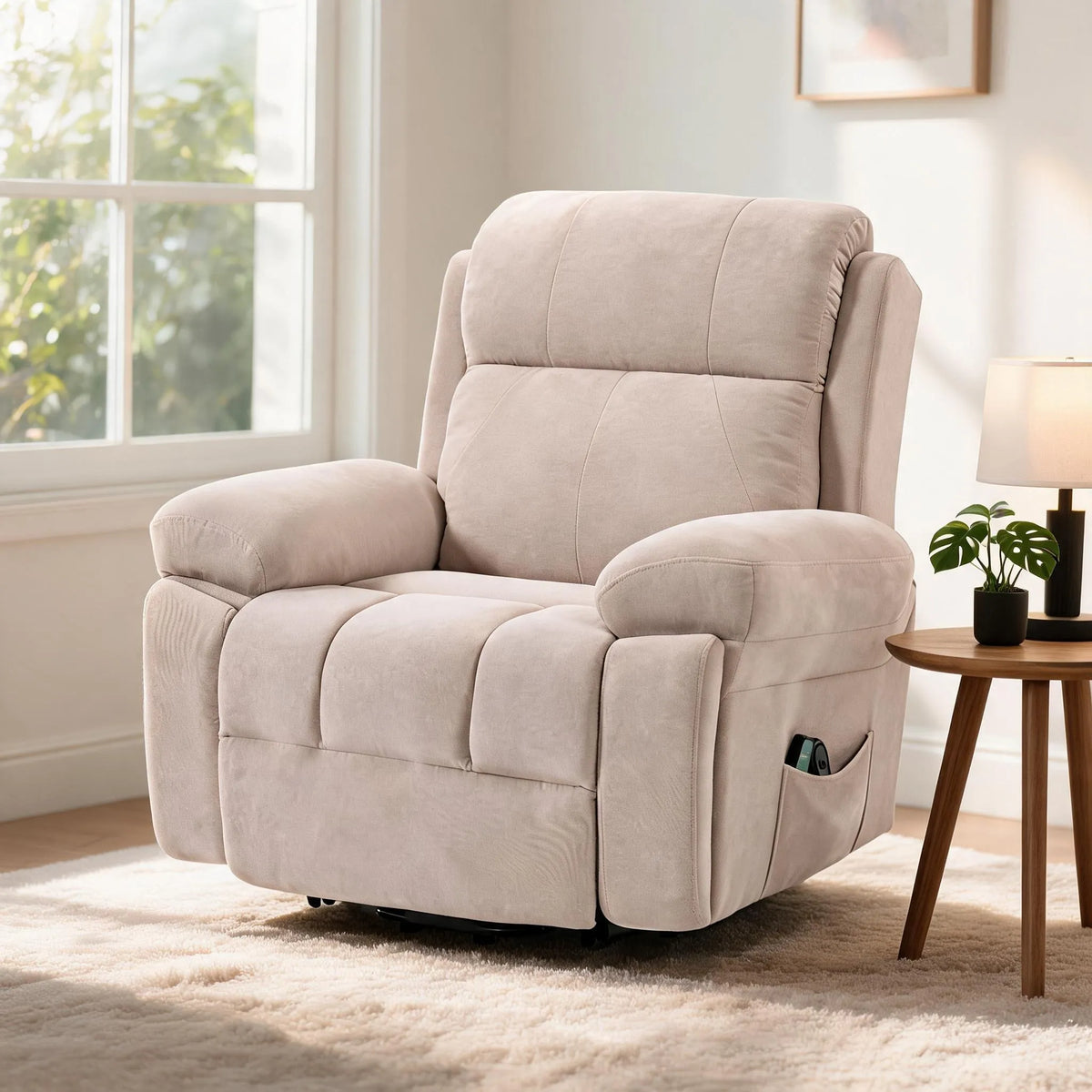 Fauteuil releveur inclinable en tissu beige clair, accoudoirs rembourrés et repose-pieds intégré