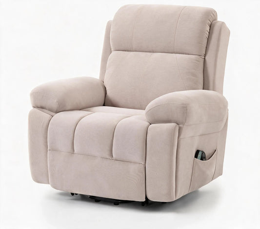 Fauteuil releveur inclinable en tissu beige clair, repose-pieds relevé et poche latérale