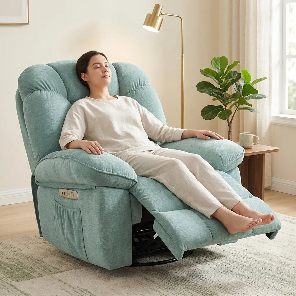 Fauteuil massant inclinable vert menthe en tissu, accoudoirs et assise pivotante