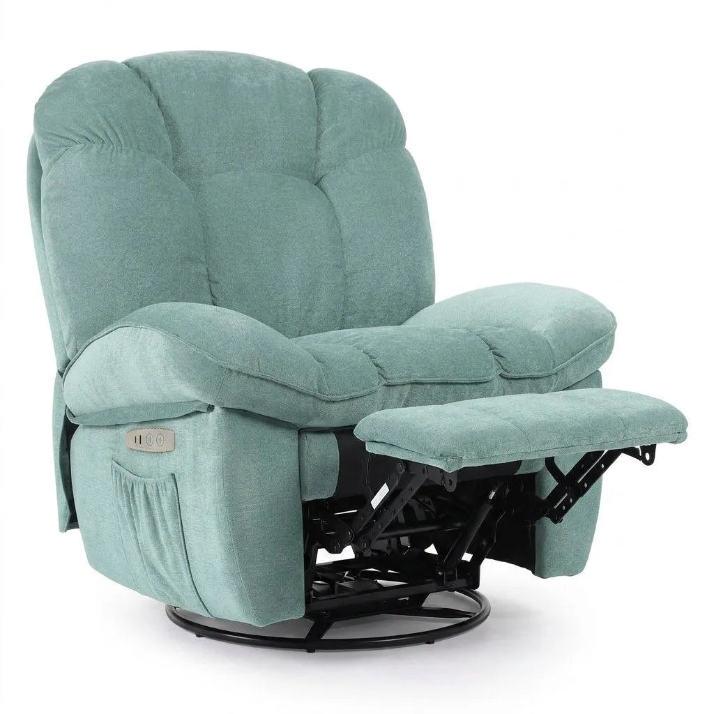 Fauteuil pivotant massant vert menthe, mécanisme noir sous l’assise, accoudoirs