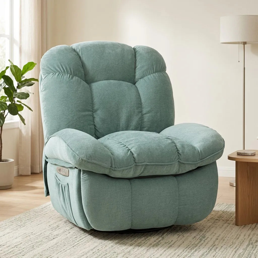 Fauteuil massant vert menthe à dossier haut et assise large, accoudoirs rembourrés