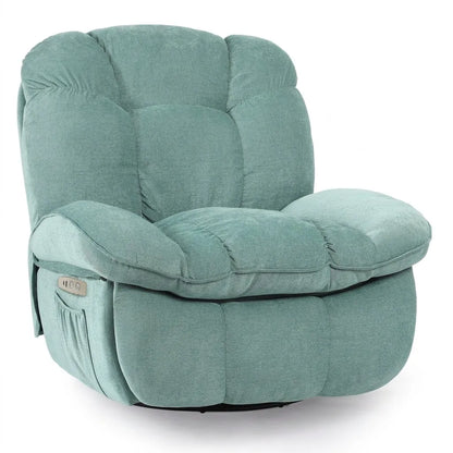 Fauteuil massant vert menthe, vue trois-quarts, coussin d’assise et dossier rembourrés