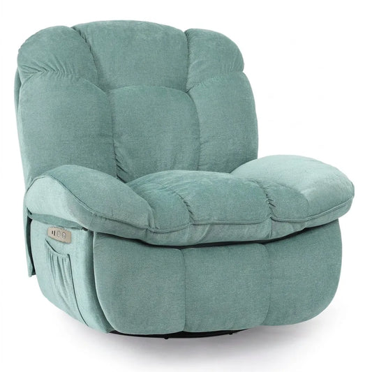 Fauteuil massant vert menthe, vue trois-quarts, coussin d’assise et dossier rembourrés