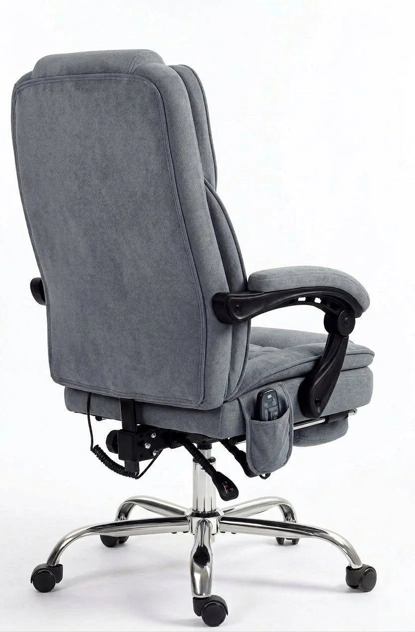 Fauteuil de bureau massant chauffant gris en tissu, repose-pieds et roulettes