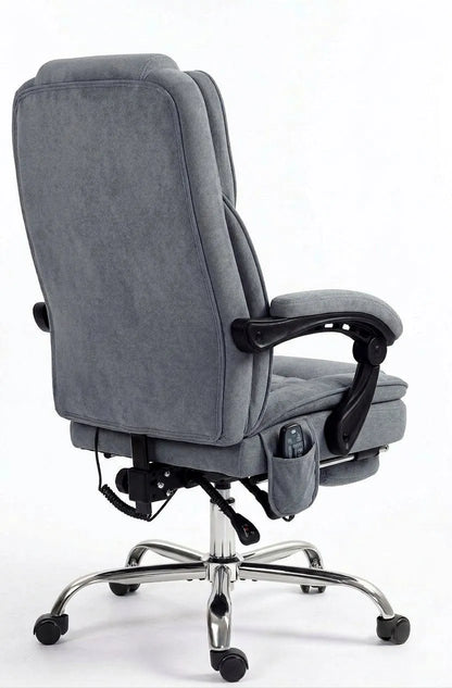Fauteuil de bureau massant chauffant gris en tissu, repose-pieds et roulettes